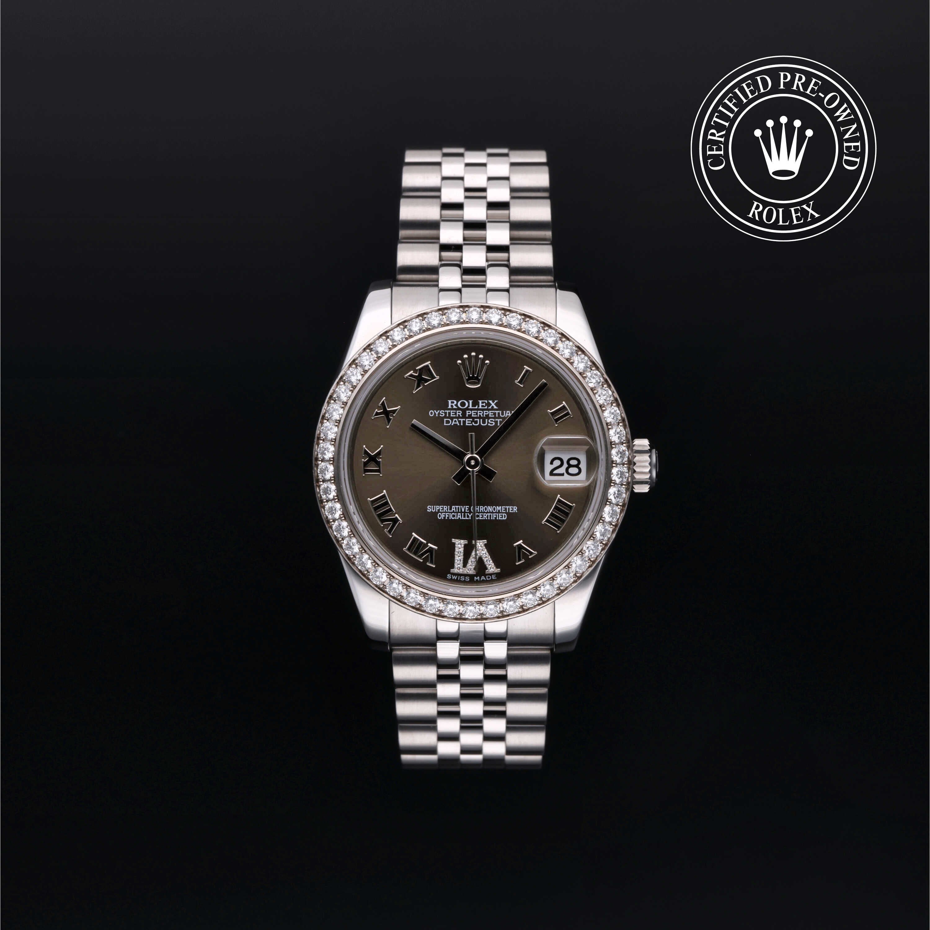Rolex Certified Pre-owned Lady Datejust M178384-0011 front on black background