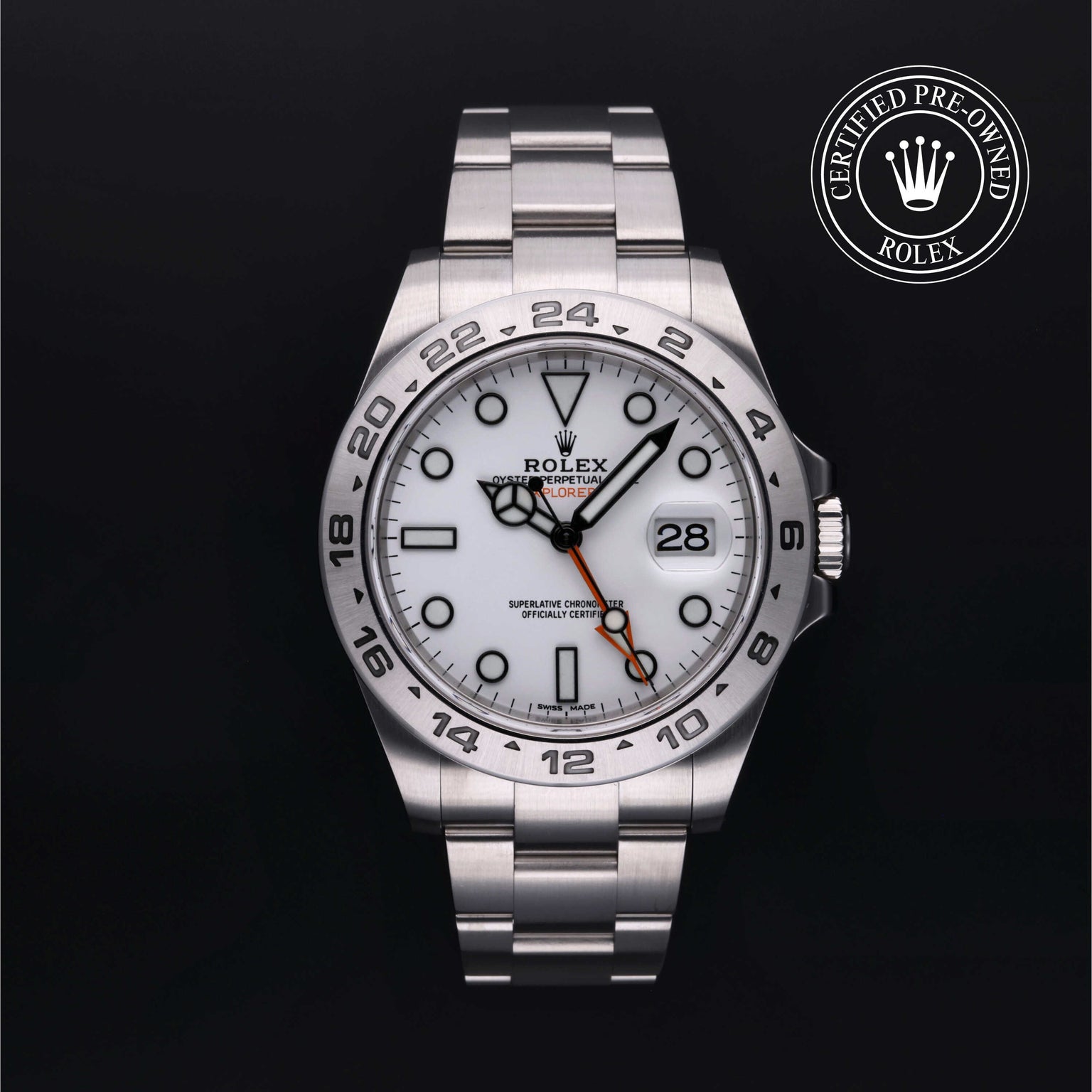 Rolex Certified Pre-owned Explorer II M216570-0001 front on black background