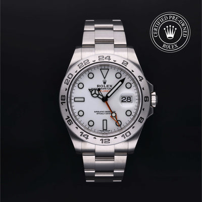 Rolex Certified Pre-owned Explorer II M216570-0001 front on black background