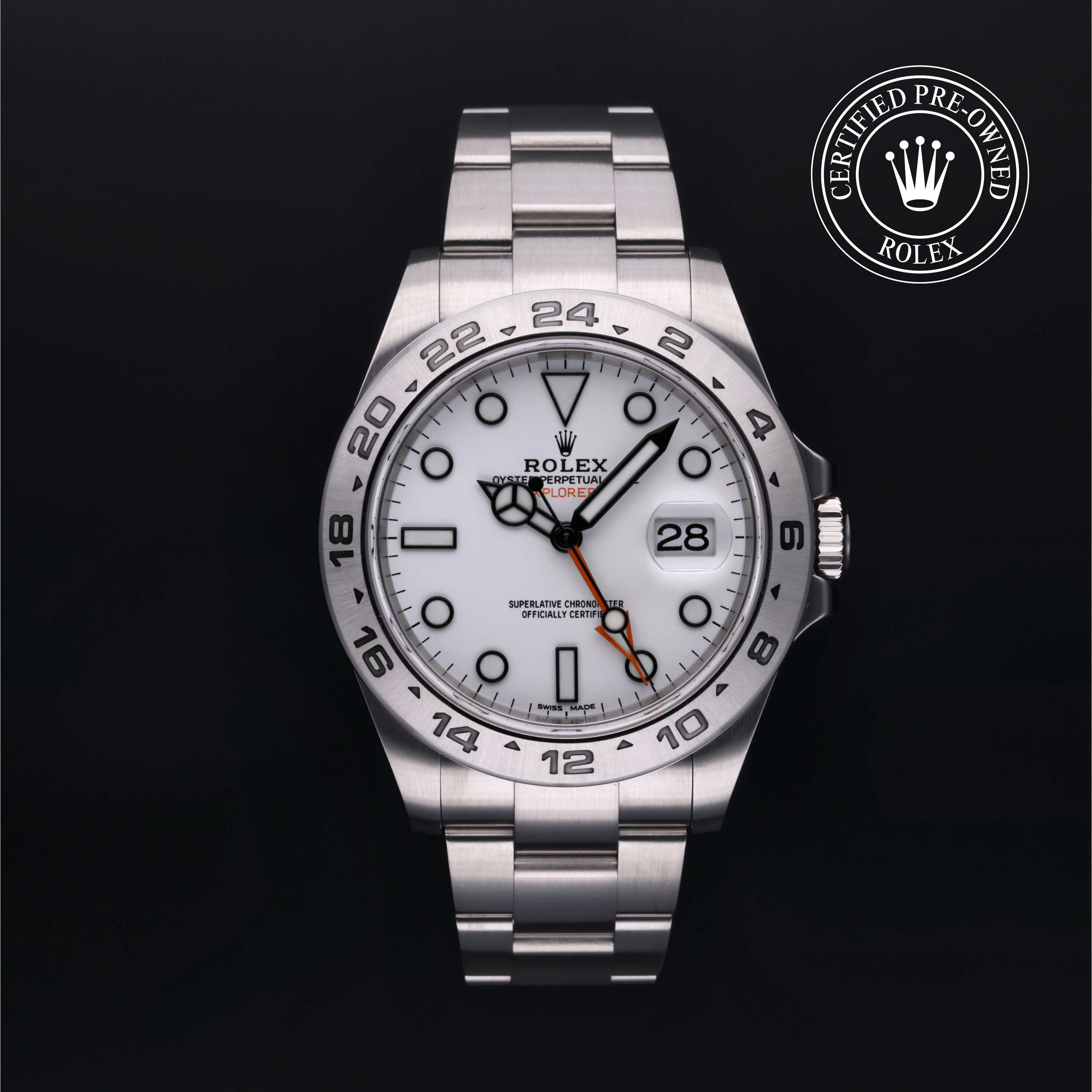 Rolex Certified Pre-owned Explorer II M216570-0001 front on black background