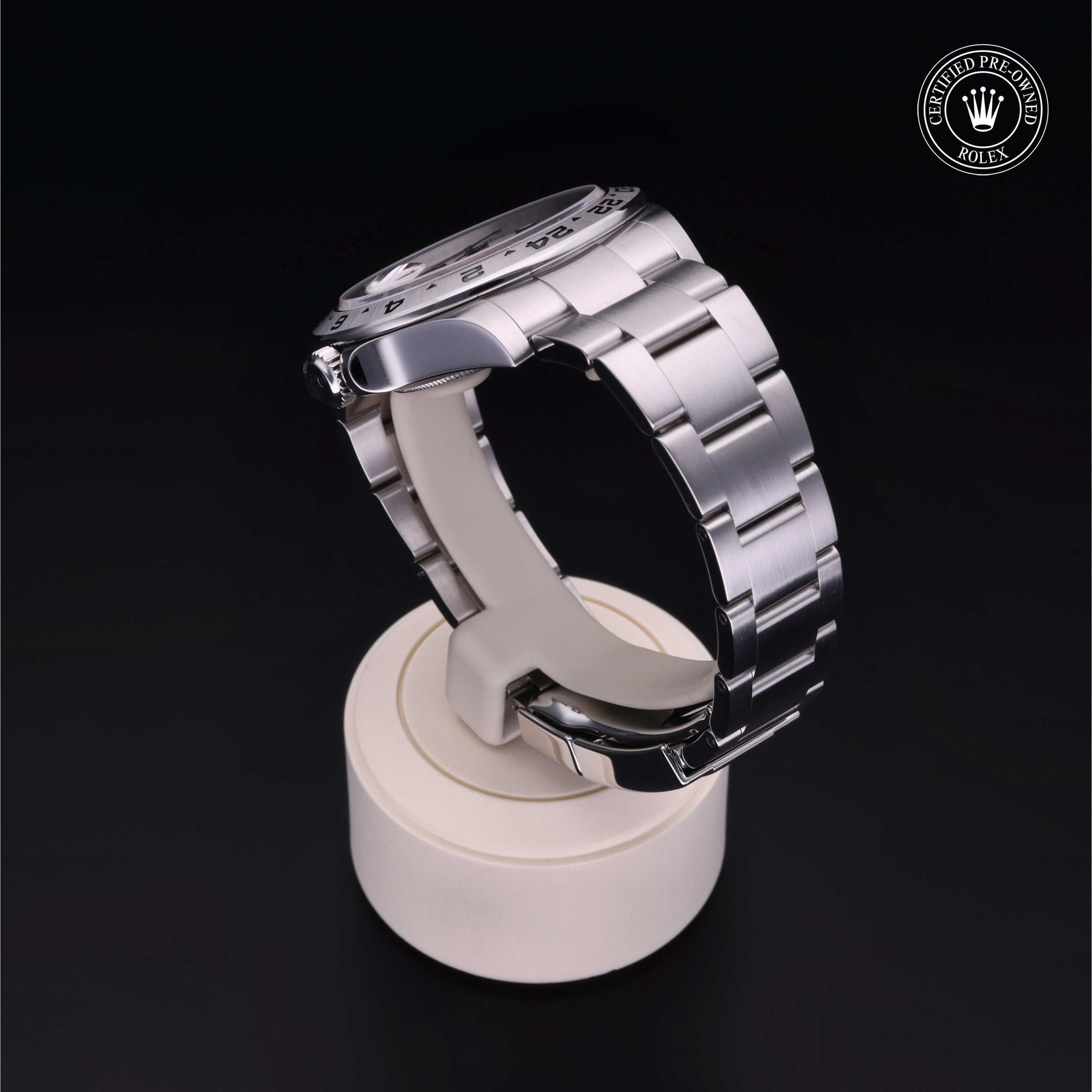 Rolex Certified Pre-owned Explorer II M216570-0001 front on black background