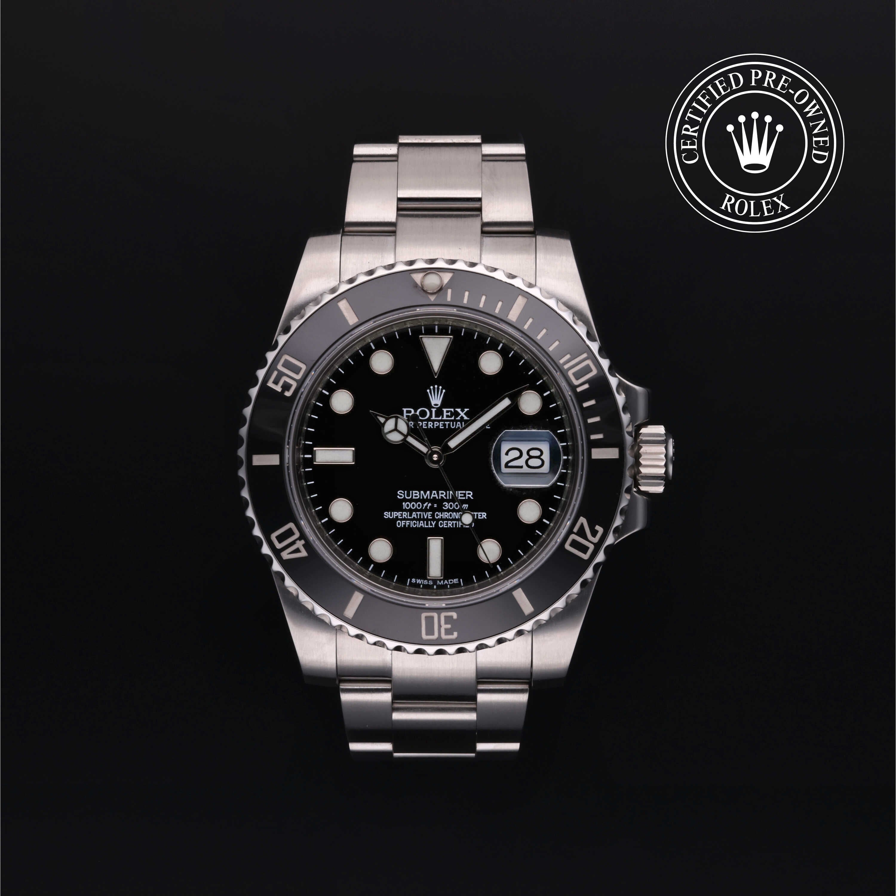 Rolex Certified Pre-owned Submariner M116610LN-0001 front on black background