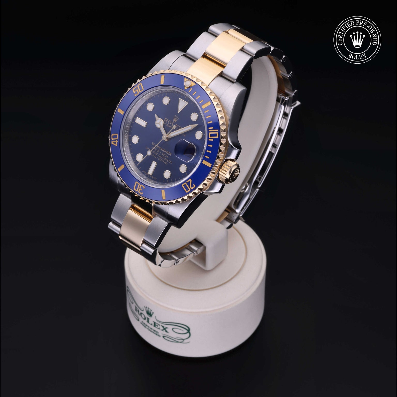 Rolex Certified Pre-owned Submariner M116613LB-0005 front on black background