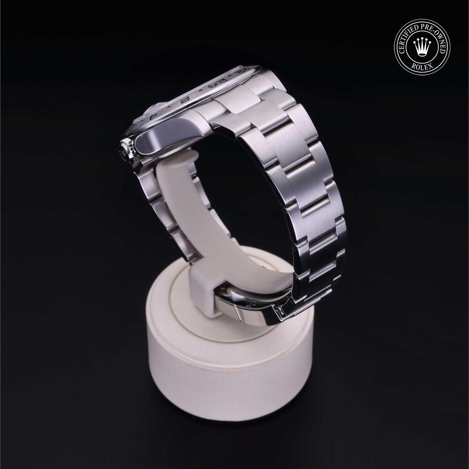Rolex Certified Pre-owned Explorer M216570-0002 front on black background