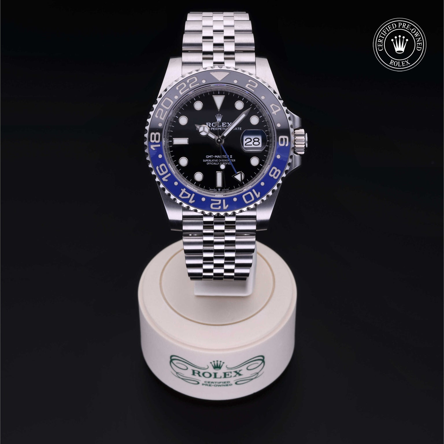 Rolex Certified Pre-owned GMT M126710BLNR-0002 front on black background