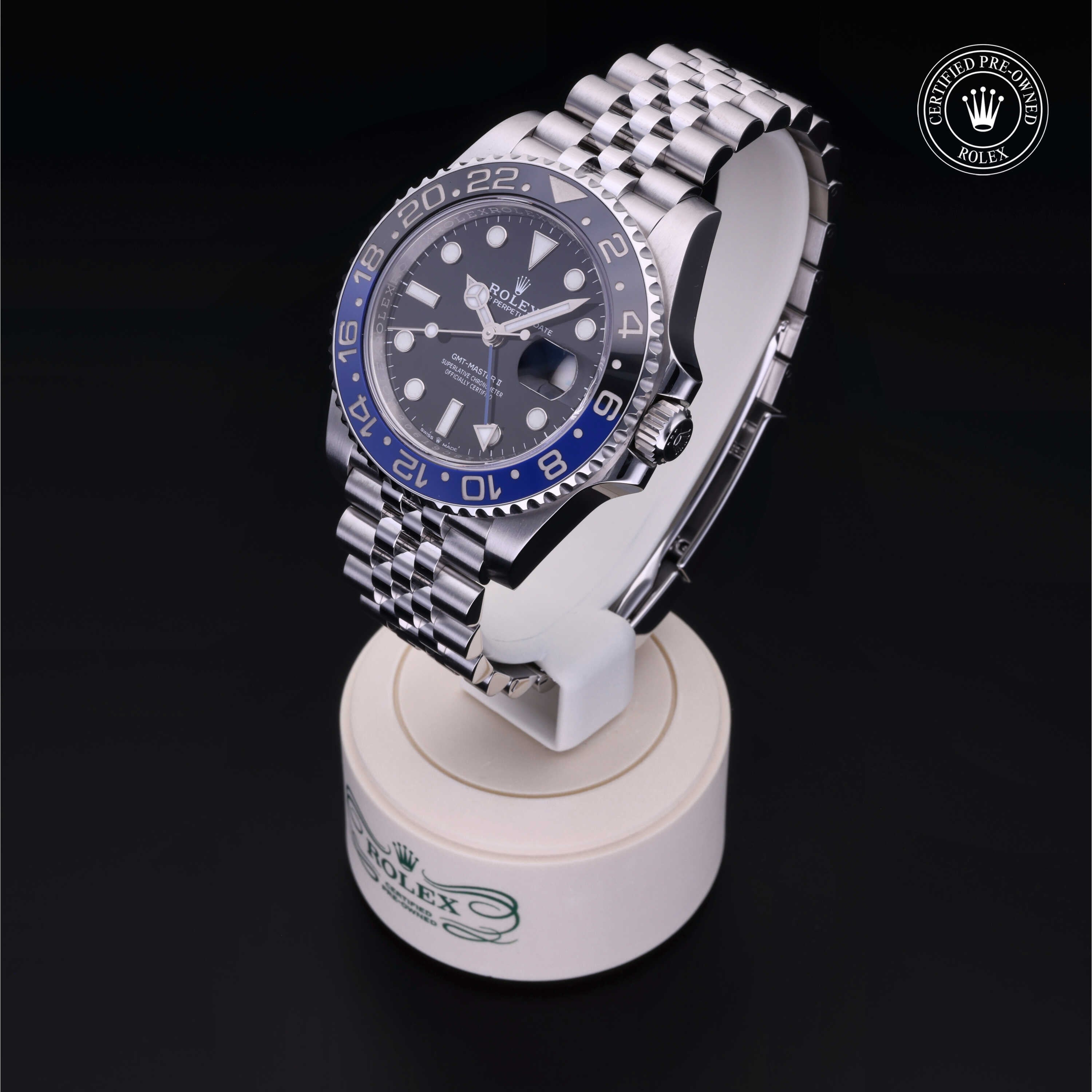 Rolex Certified Pre-owned GMT M126710BLNR-0002 front on black background