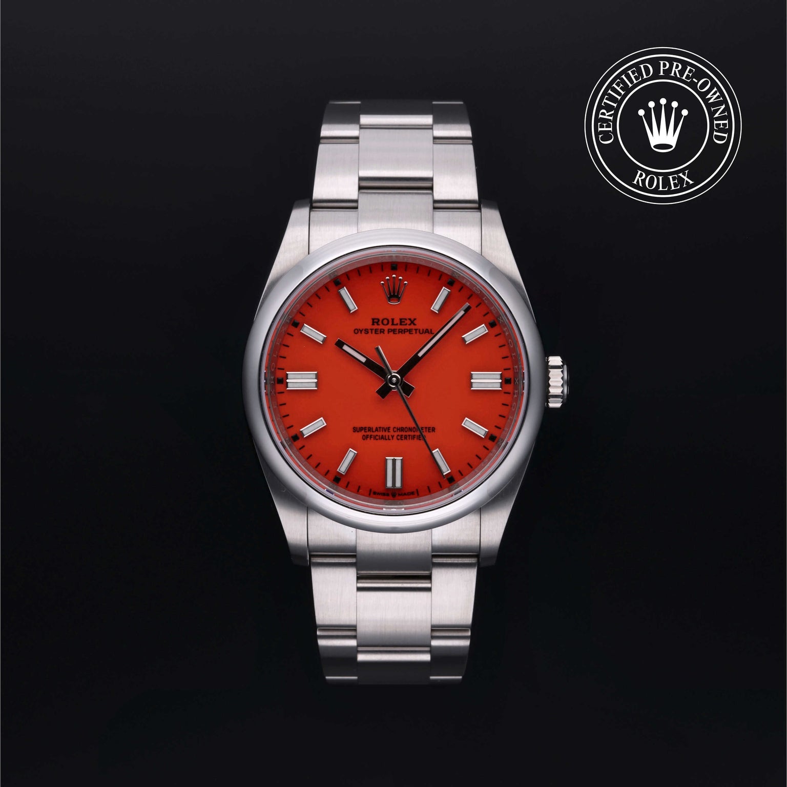 Rolex Certified Pre-owned Oyster Perpetual M126000-0007 front on black background