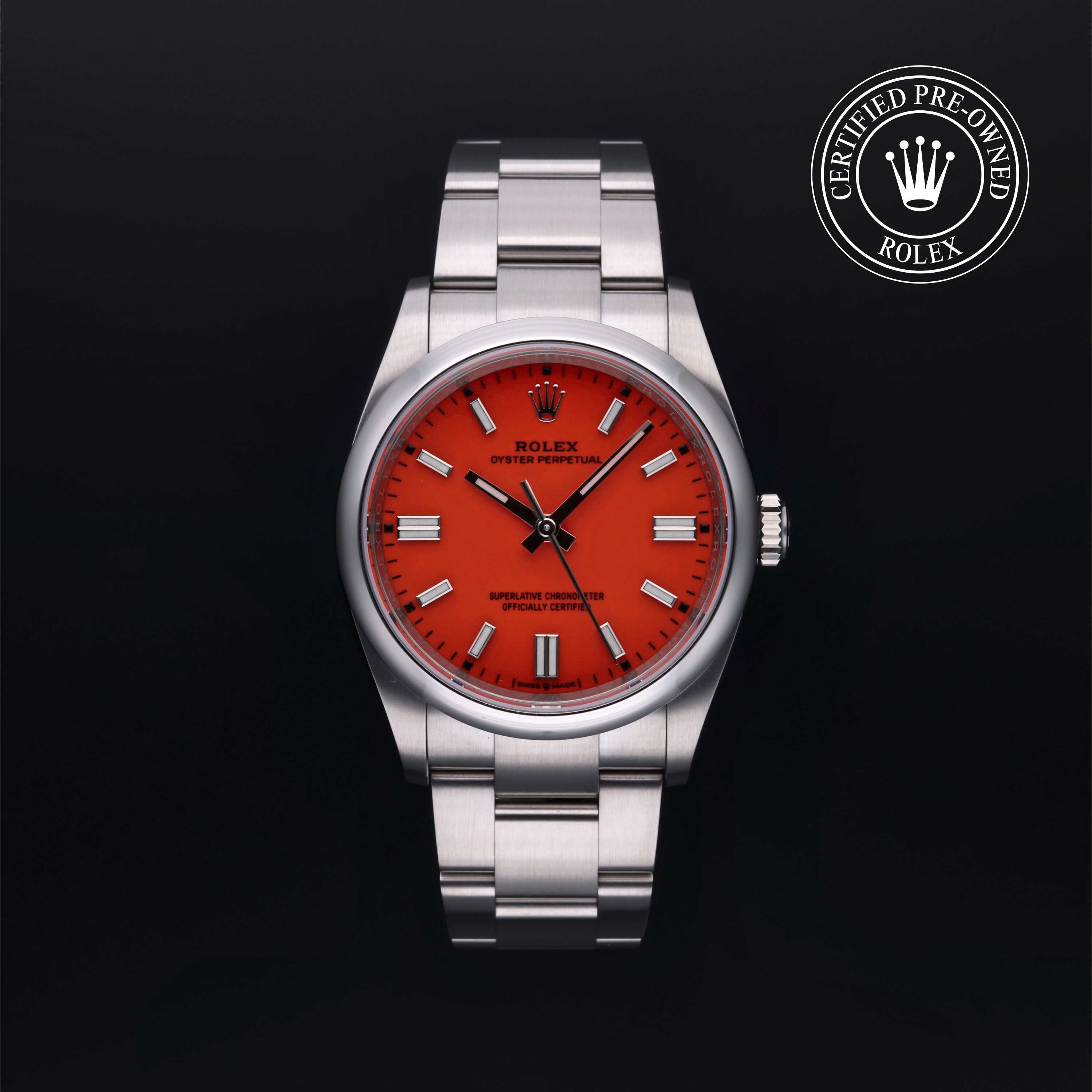 Rolex Certified Pre-owned Oyster Perpetual M126000-0007 front on black background