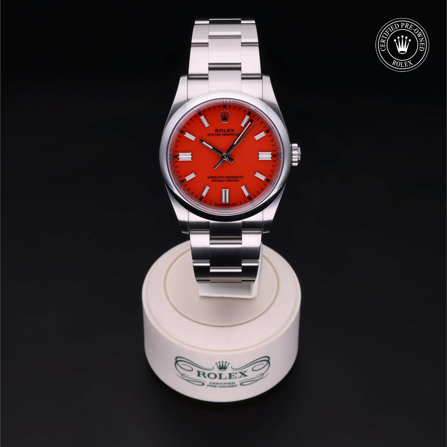 Rolex Certified Pre-owned Oyster Perpetual M126000-0007 front on black background