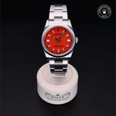 Rolex Certified Pre-owned Oyster Perpetual M126000-0007 front on black background