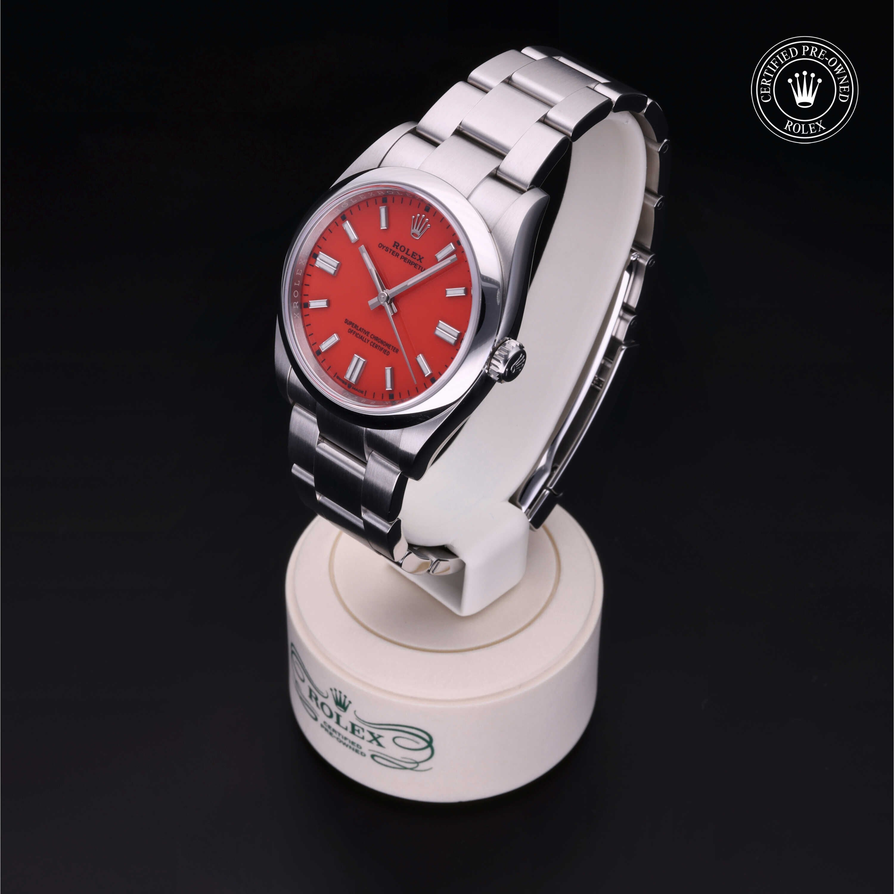 Rolex Certified Pre-owned Oyster Perpetual M126000-0007 front on black background