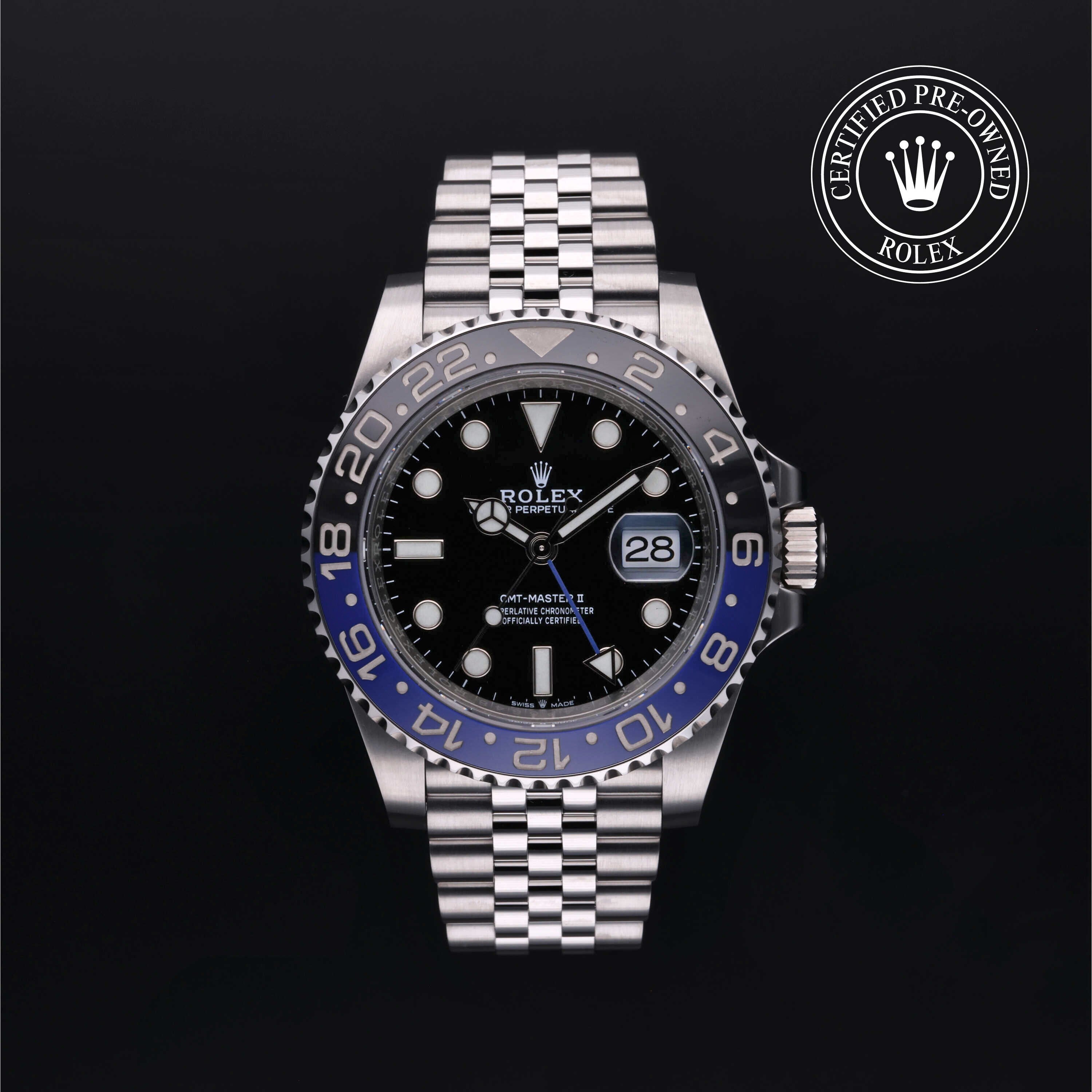 Rolex Certified Pre-owned GMT M126710BLNR-0002 front on black background
