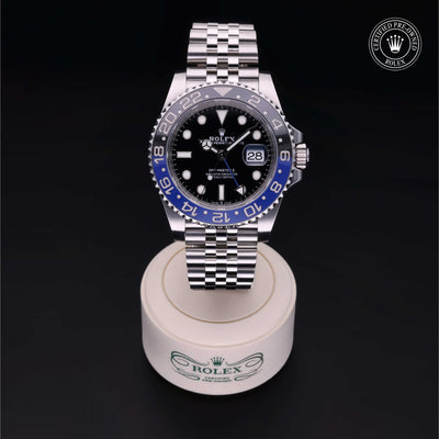 Rolex Certified Pre-owned GMT M126710BLNR-0002 front on black background