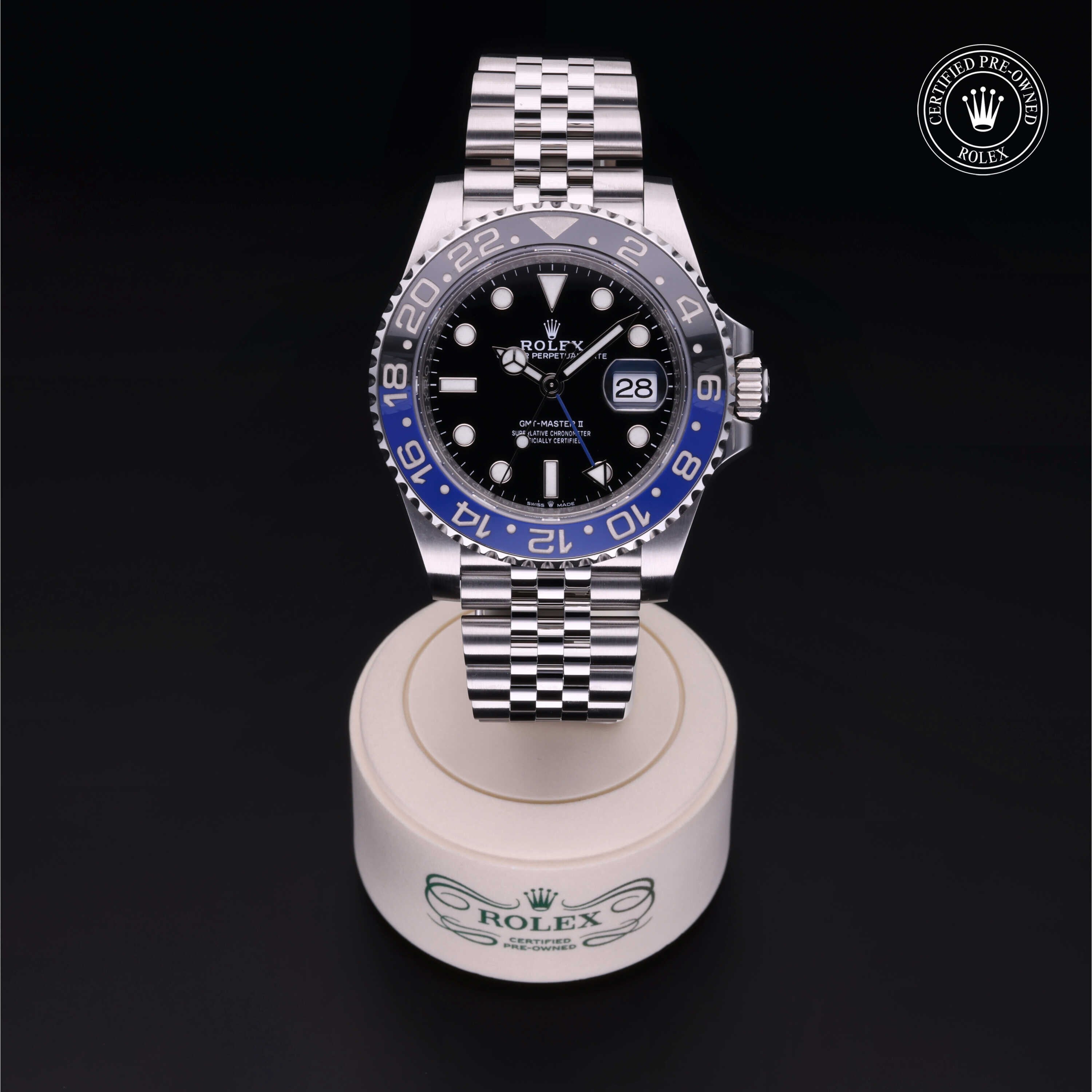 Rolex Certified Pre-owned GMT M126710BLNR-0002 front on black background