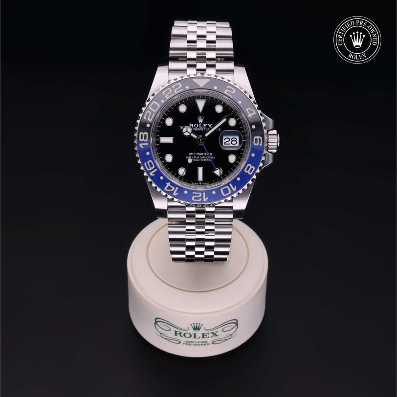 Rolex Certified Pre-owned GMT M126710BLNR-0002 front on black background
