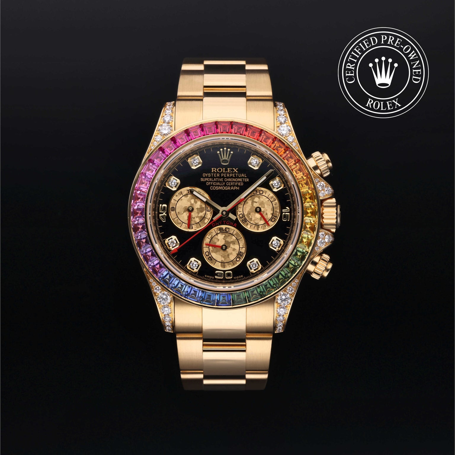 Rolex Certified Pre-owned Daytona M116598RBOW-0001 front on black background