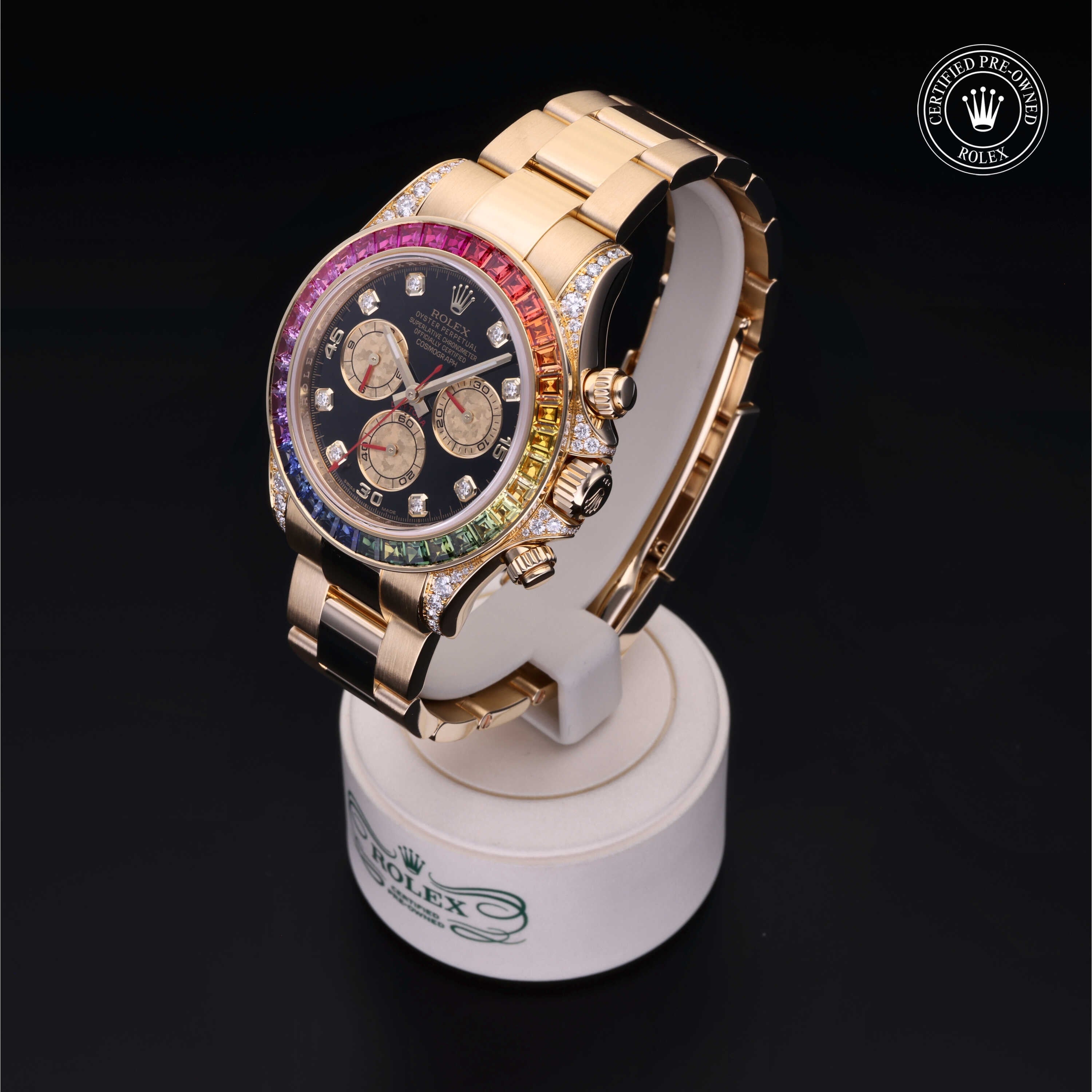 Rolex Certified Pre-owned Daytona M116598RBOW-0001 front on black background