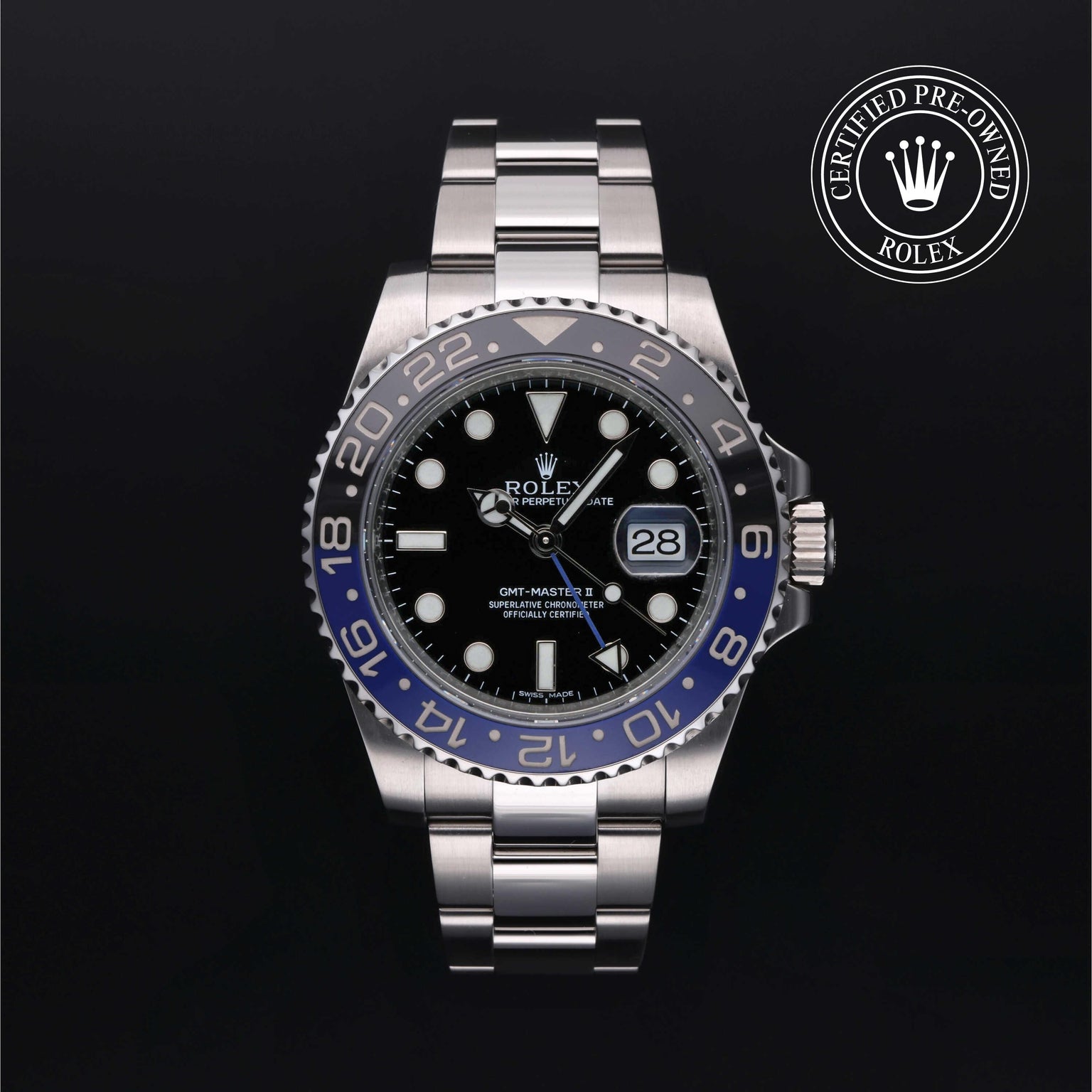 Rolex Certified Pre-owned GMT II M116710BLNR-0002 front on black background