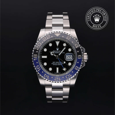 Rolex Certified Pre-owned GMT II M116710BLNR-0002 front on black background