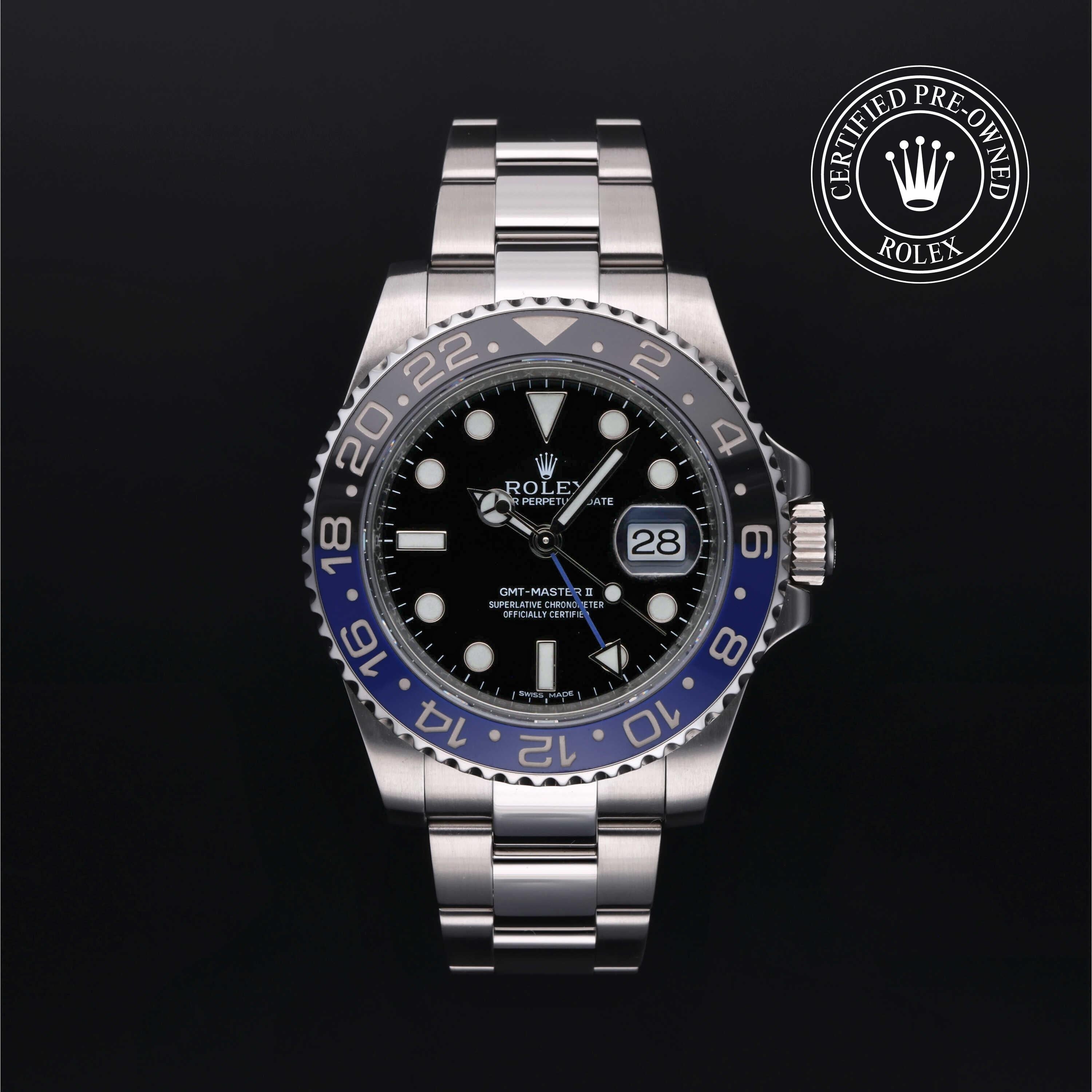 Rolex Certified Pre-owned GMT II M116710BLNR-0002 front on black background