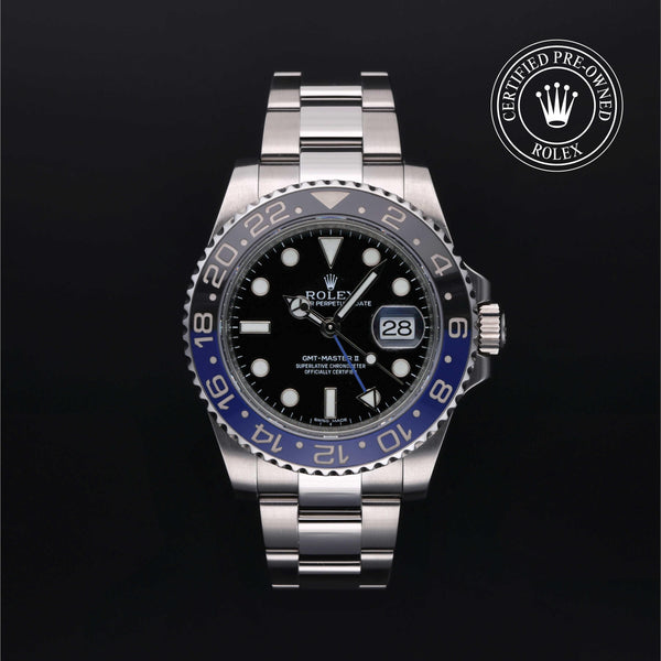 Rolex Certified Pre-owned GMT II M116710BLNR-0002 front on black background