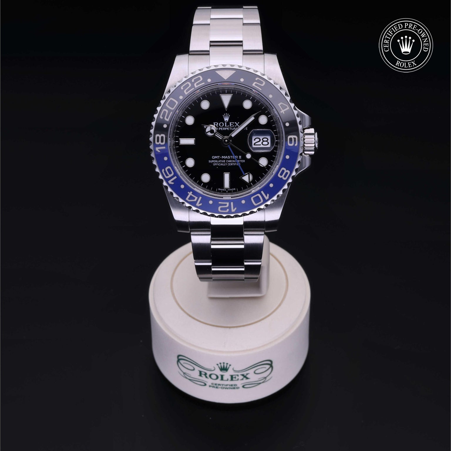 Rolex Certified Pre-owned GMT II M116710BLNR-0002 front on black background
