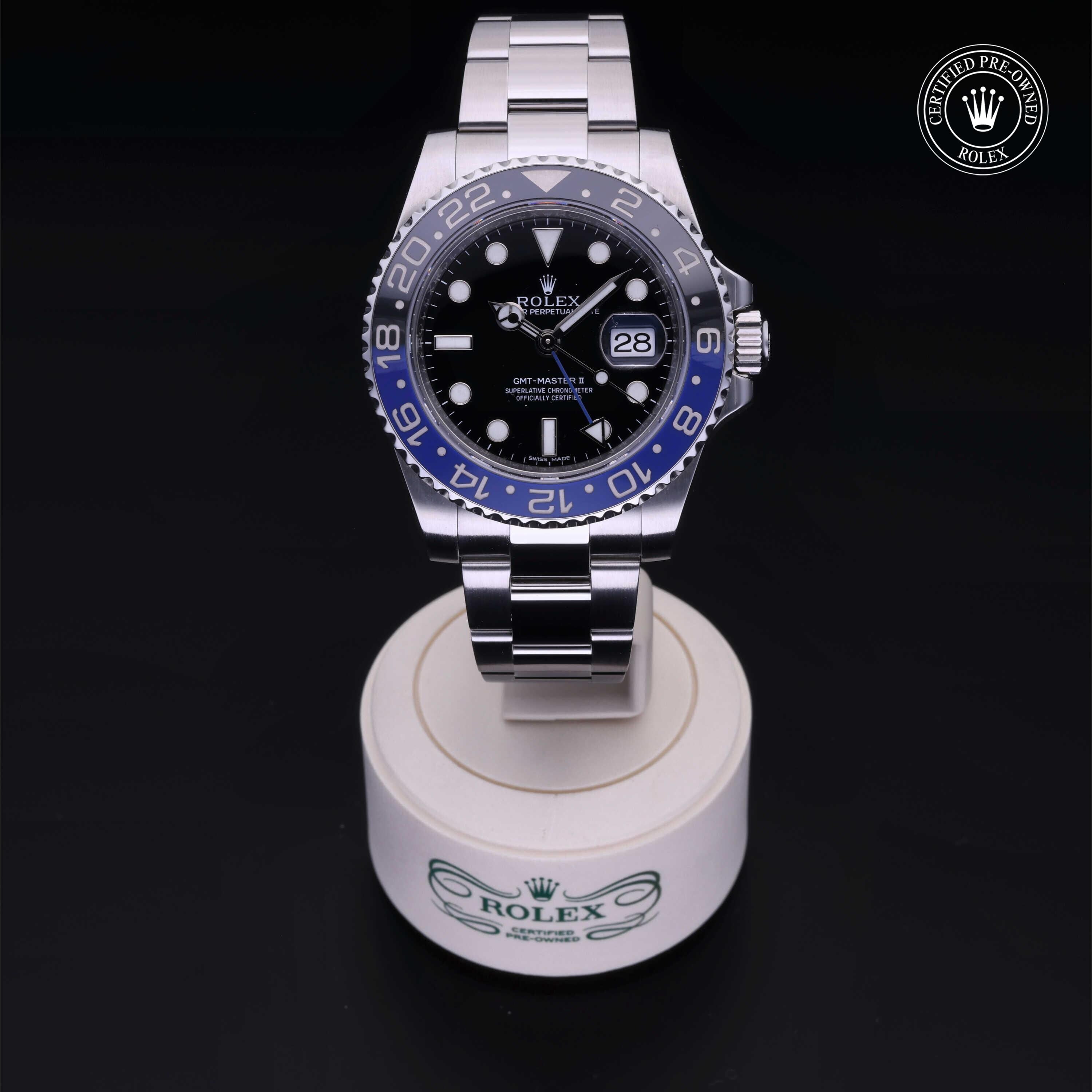 Rolex Certified Pre-owned GMT II M116710BLNR-0002 front on black background