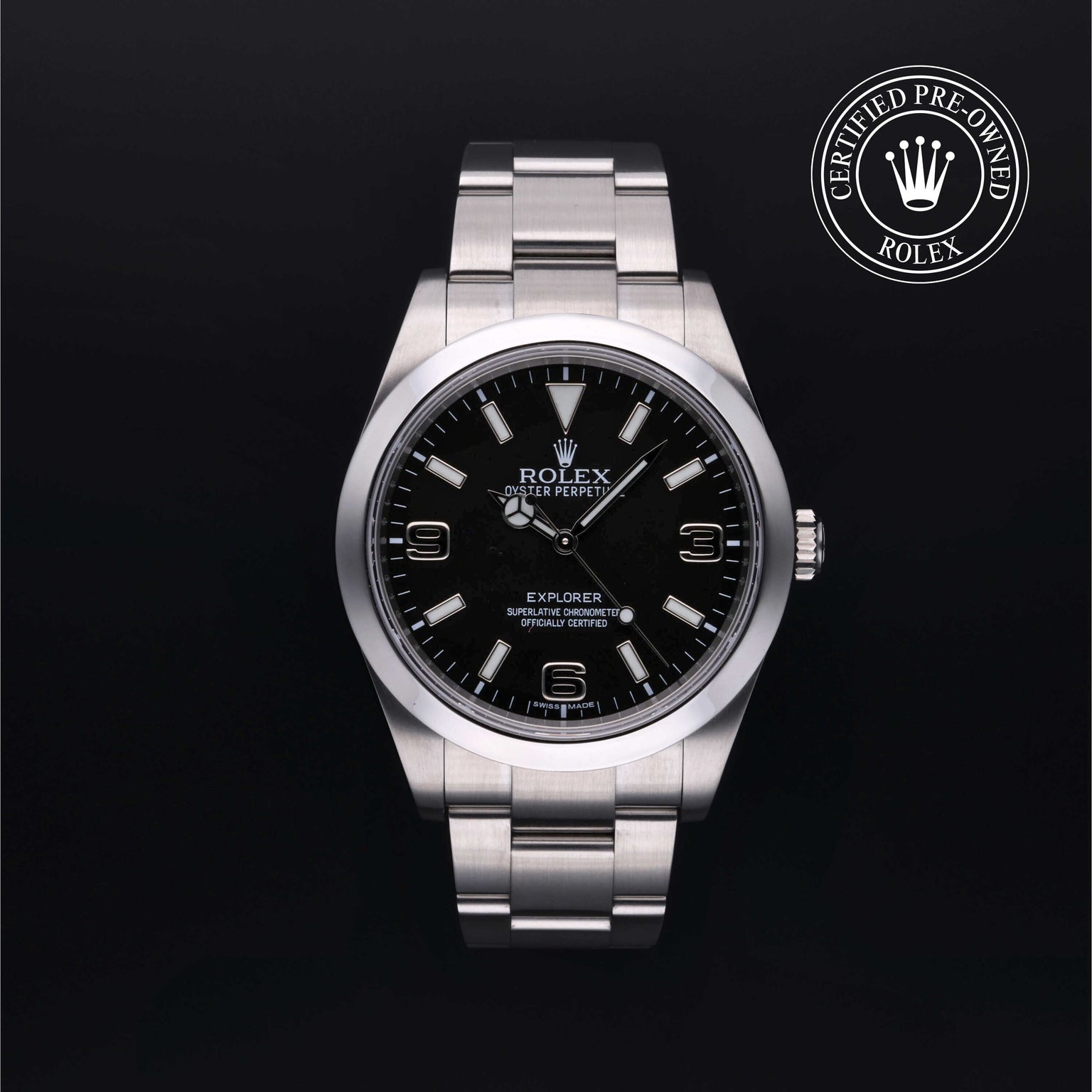 Rolex Certified Pre-owned Explorer M214270-0001 front on black background