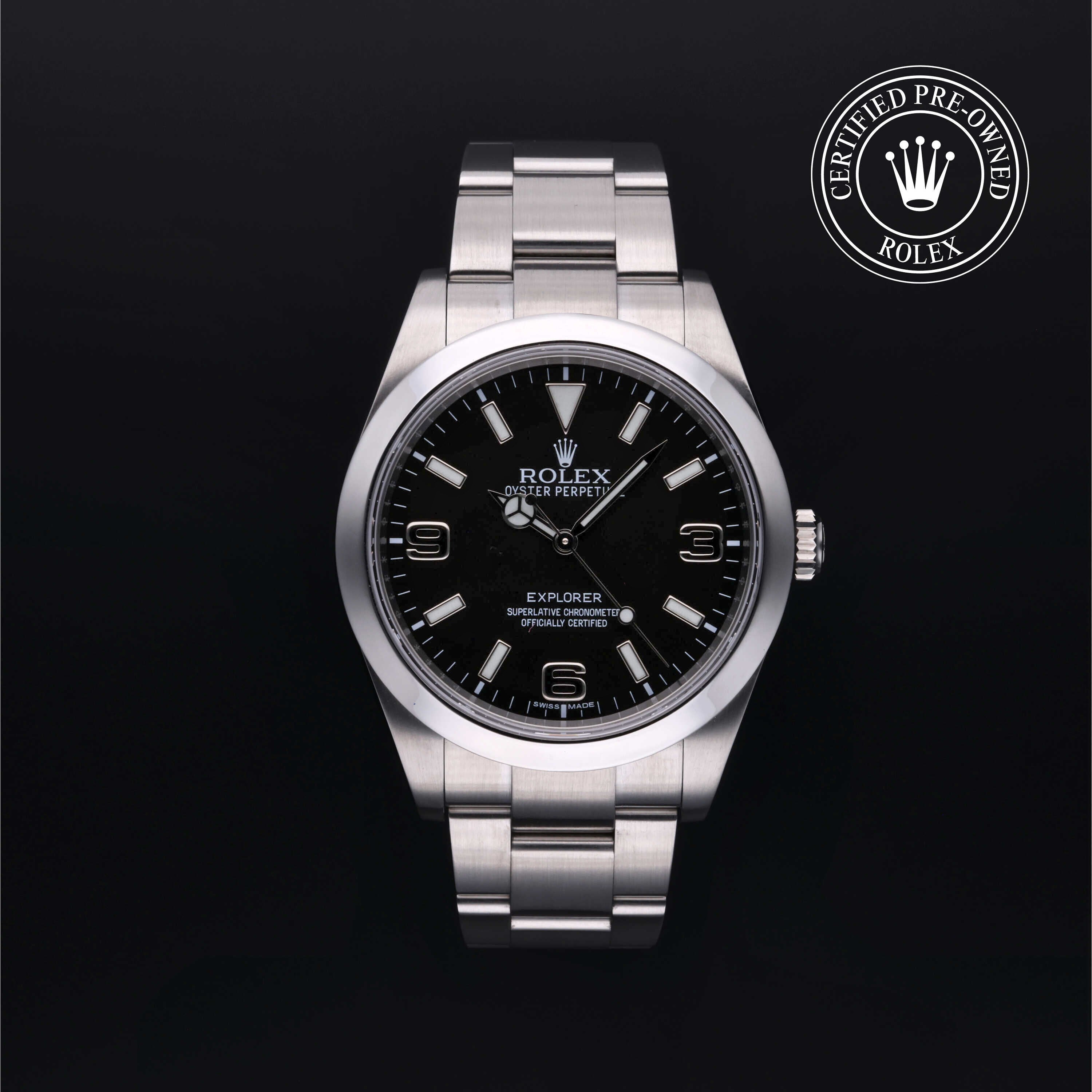 Rolex Certified Pre-owned Explorer M214270-0001 front on black background