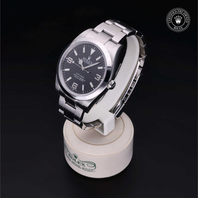 Rolex Certified Pre-owned Explorer M214270-0001 front on black background