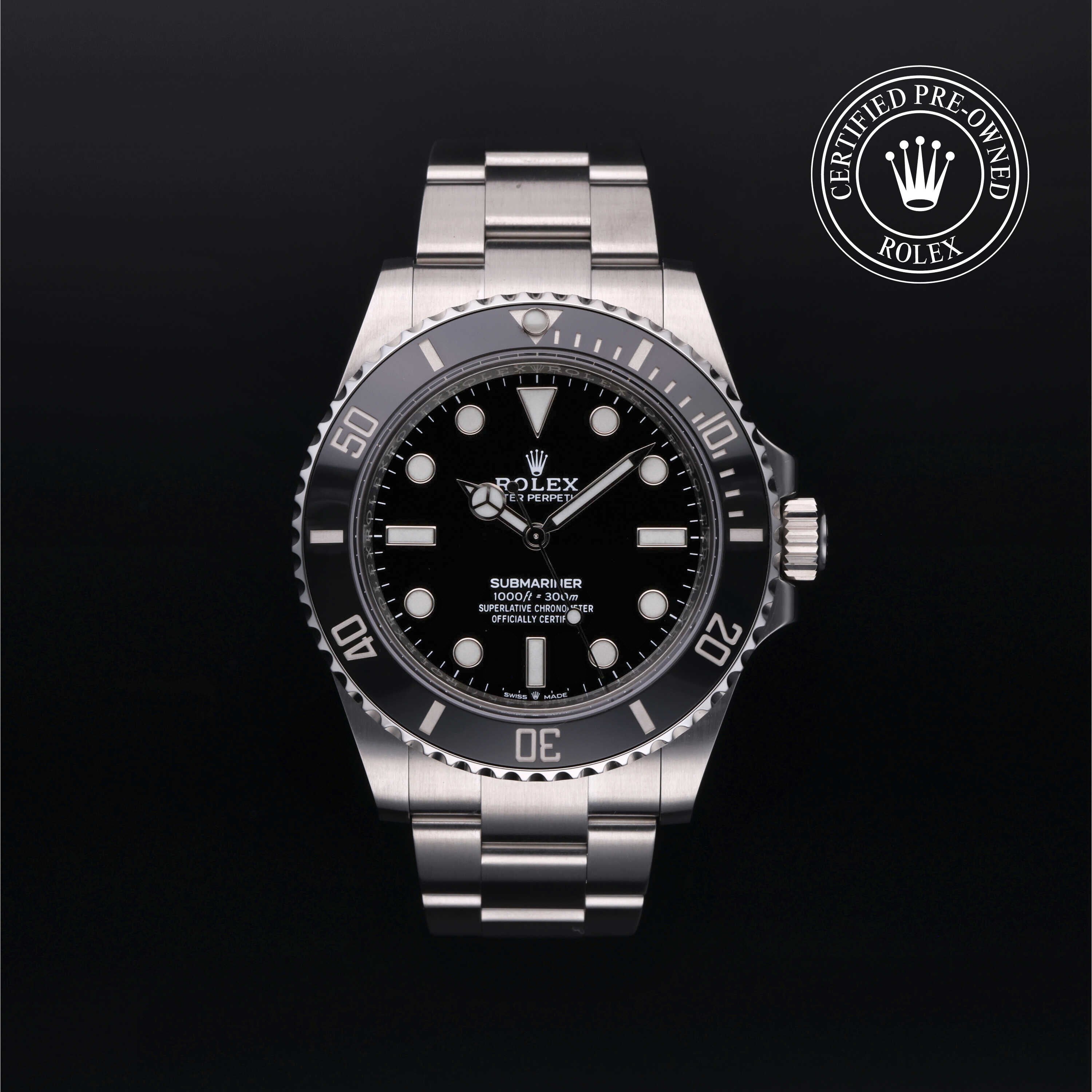 Rolex Certified Pre-owned Submariner Non Date M124060-0001 front on black background
