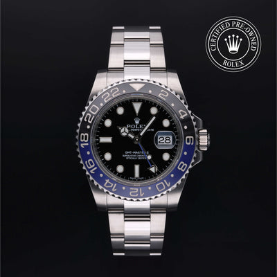 Rolex Certified Pre-owned GMT M116710BLNR-0002 front on black background