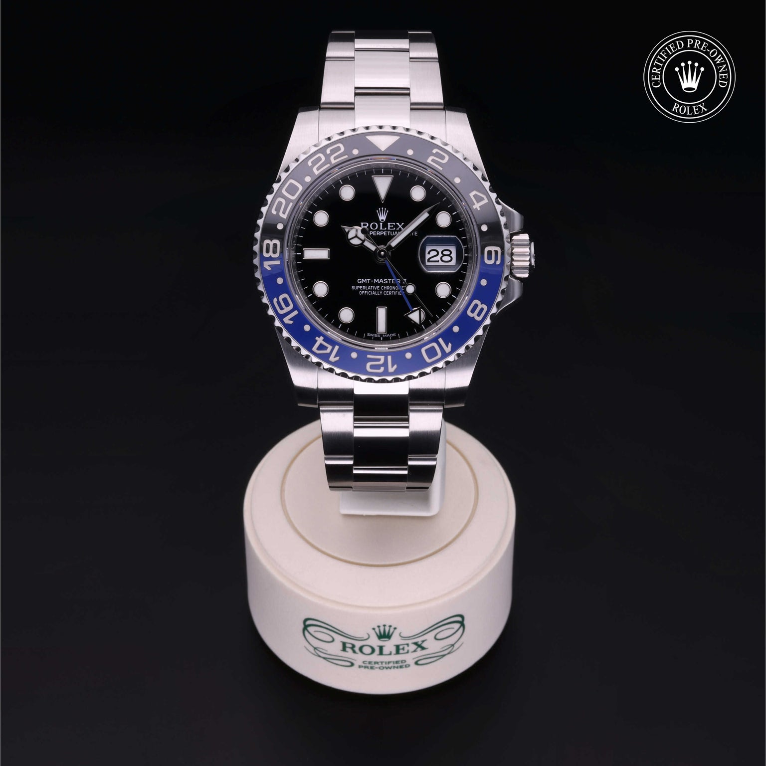 Rolex Certified Pre-owned GMT M116710BLNR-0002 front on black background