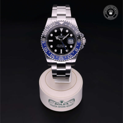 Rolex Certified Pre-owned GMT M116710BLNR-0002 front on black background