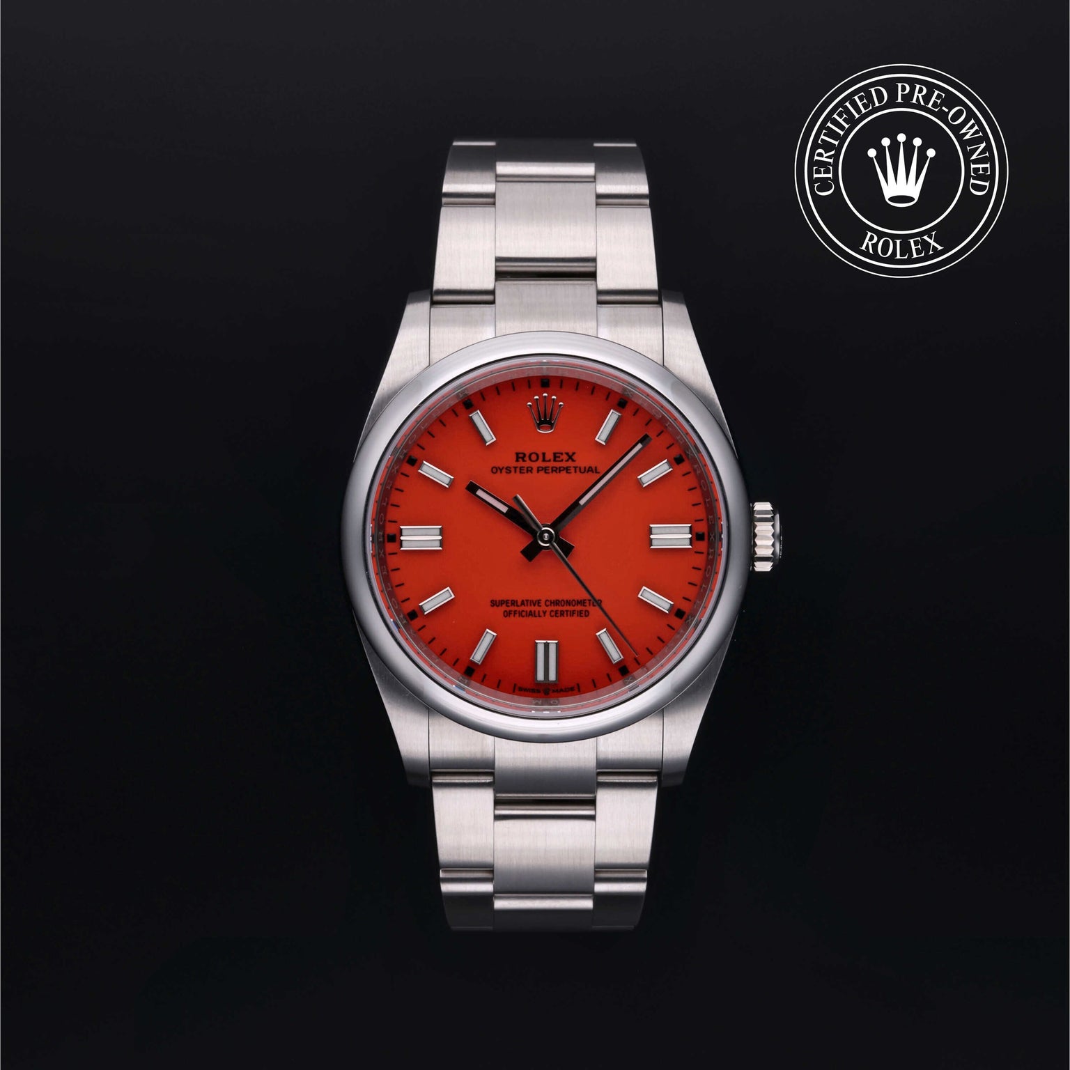 Rolex Certified Pre-owned Oyster Perpetual M126000-0007 front on black background