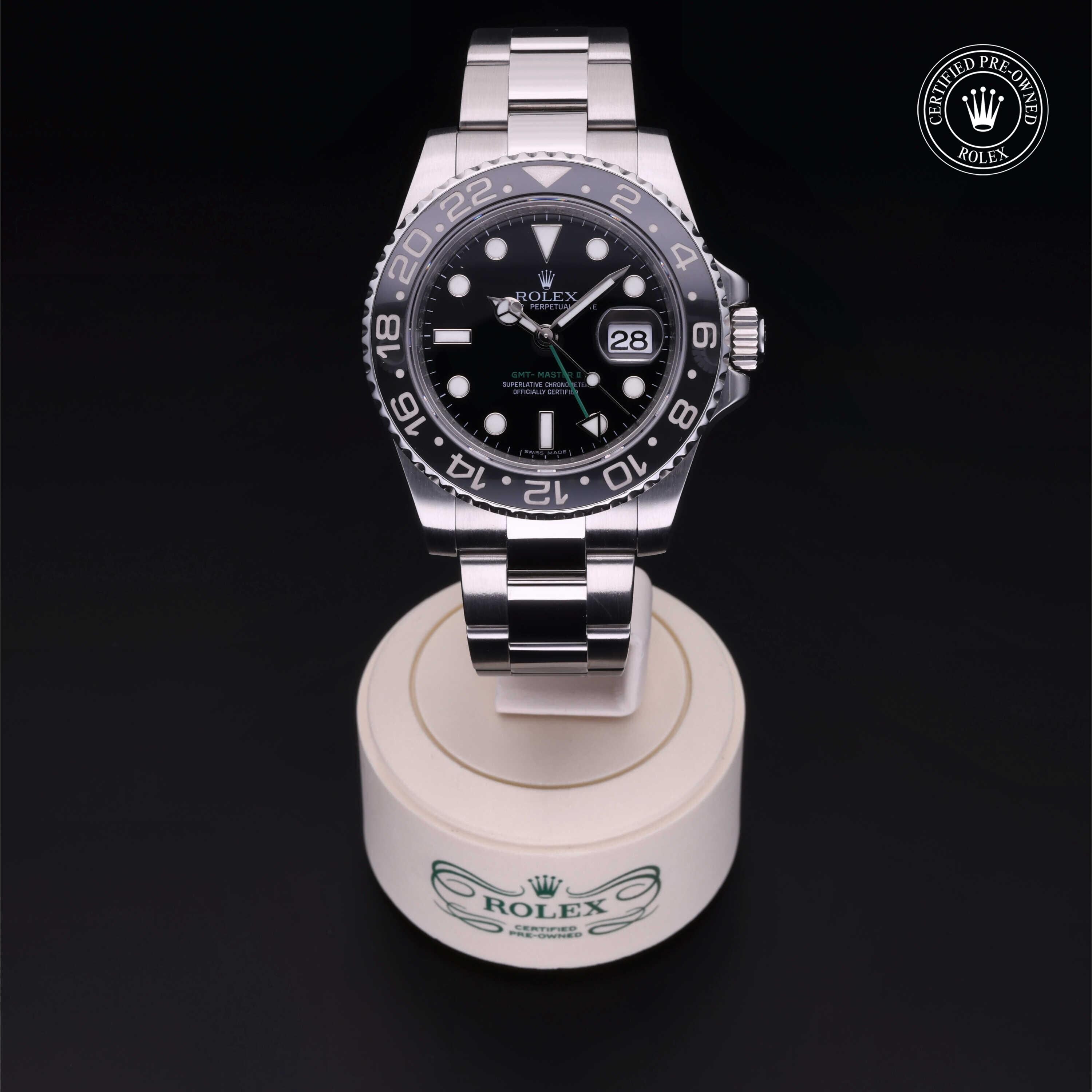 Rolex CPO GMT II M116710LN front on white background
