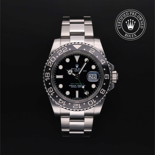 Rolex Certified Pre-owned GMT M116710LN-0001 front on black background