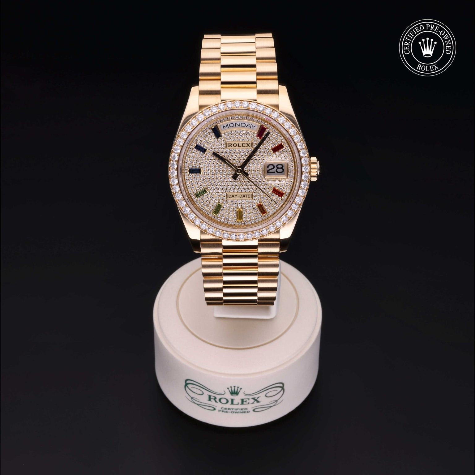 Rolex Certified Pre-owned Day-date M128348RBR-0030 front on black background