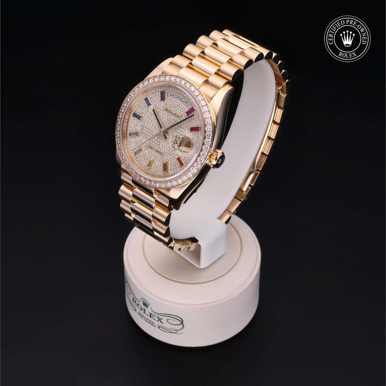 Rolex Certified Pre-owned Day-date M128348RBR-0030 front on black background