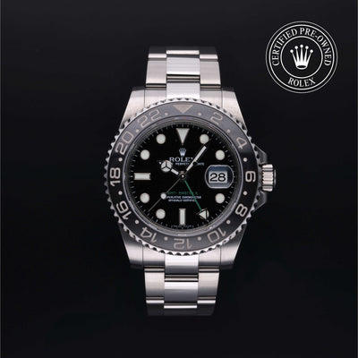Rolex Certified Pre-owned GMT II M116710LN-0001 front on black background