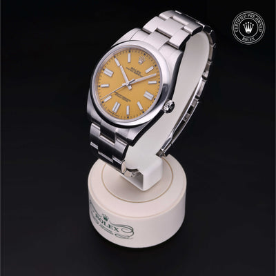 Rolex Certified Pre-owned Oyster Perpetual M124300-0004 front on black background