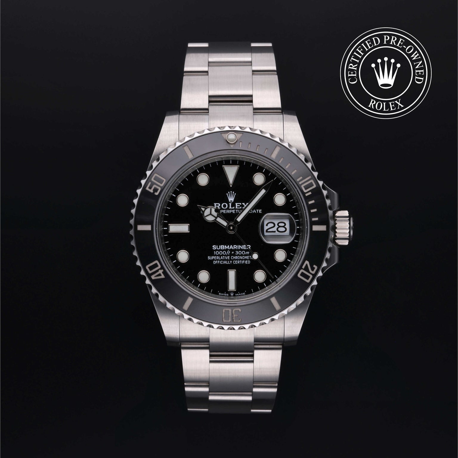 Rolex Certified Pre-owned Submariner M126610LN-0001 front on black background