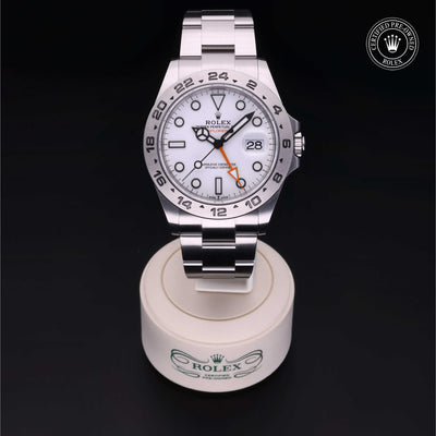Rolex Certified Pre-owned Explorer II M226570-0001 front on black background