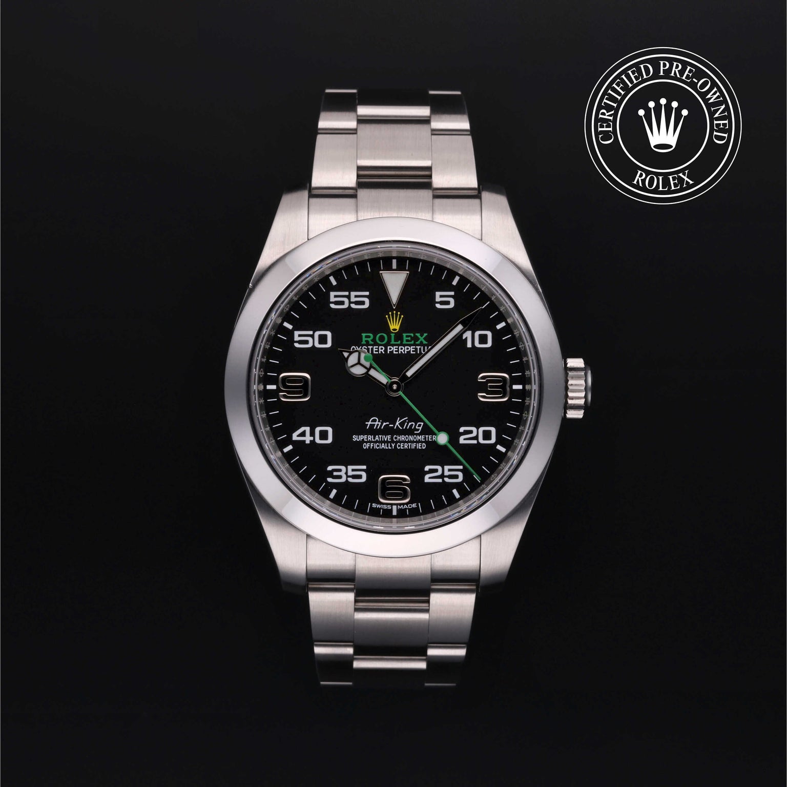 Rolex Certified Pre-owned Air-King M116900-0001 front on black background
