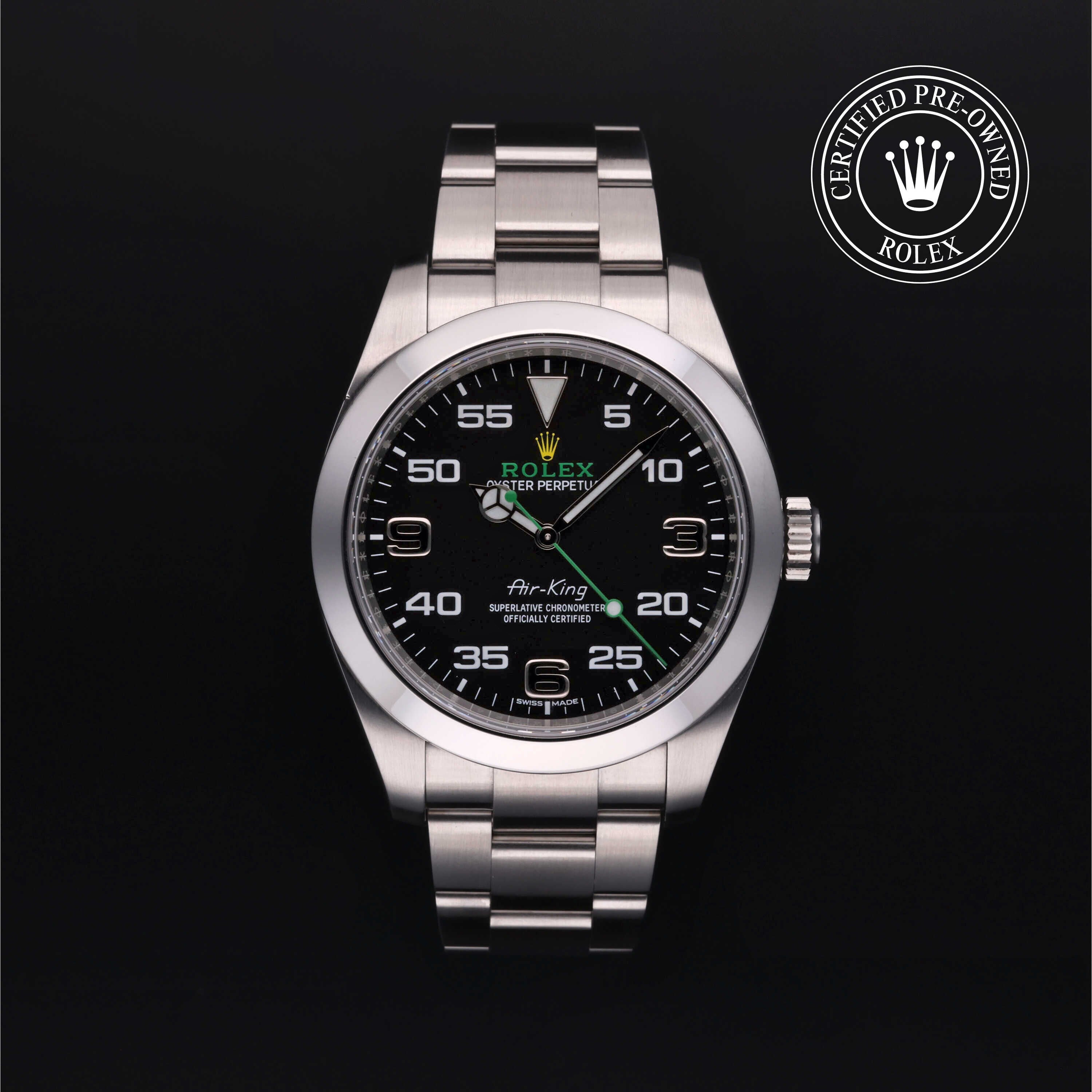Rolex Certified Pre-owned Air-King M116900-0001 front on black background