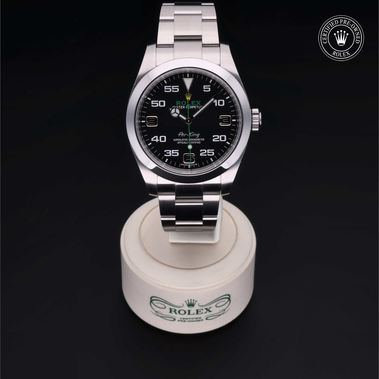 Rolex Certified Pre-owned Air-King M116900-0001 front on black background