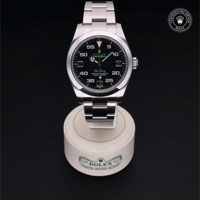 Rolex Certified Pre-owned Air-King M116900-0001 front on black background