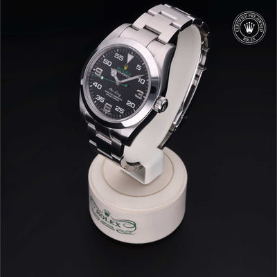 Rolex Certified Pre-owned Air-King M116900-0001 front on black background