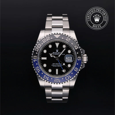 Rolex Certified Pre-owned GMT M126710BLNR-0003 front on black background