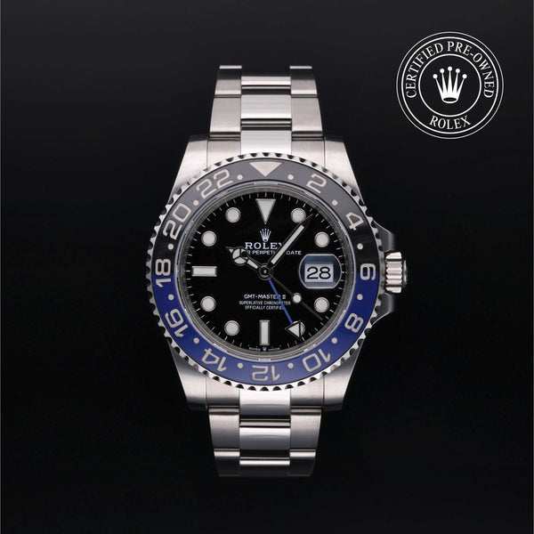 Rolex Certified Pre-owned GMT M126710BLNR-0003 front on black background